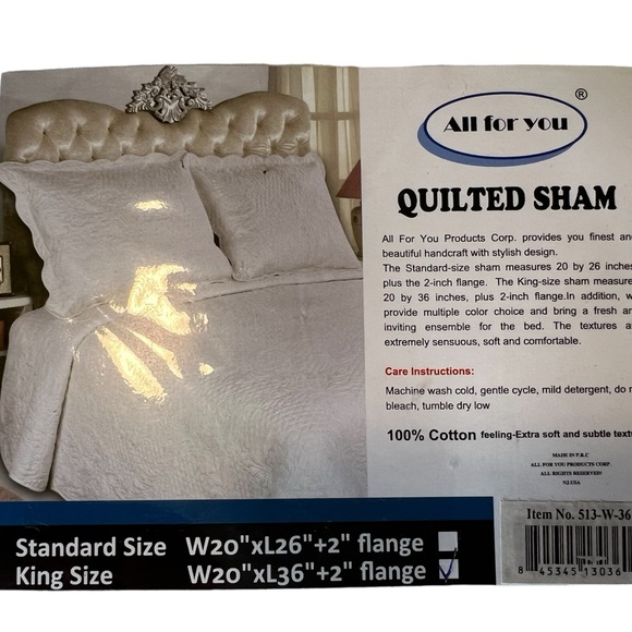 King Size White Quilted Pillow Shams by All for you. NWT never opened. - Picture 9 of 10